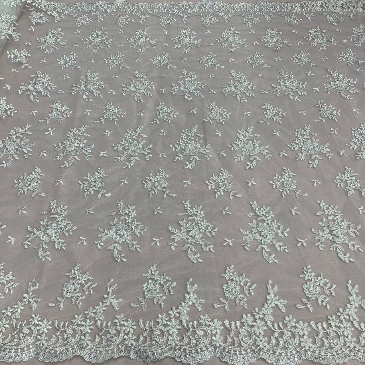 1 Yard Luxurious Beaded and Corded Bridal Lace Fabric Embroidered on 100% Polyester Net Mesh 52 inch Width